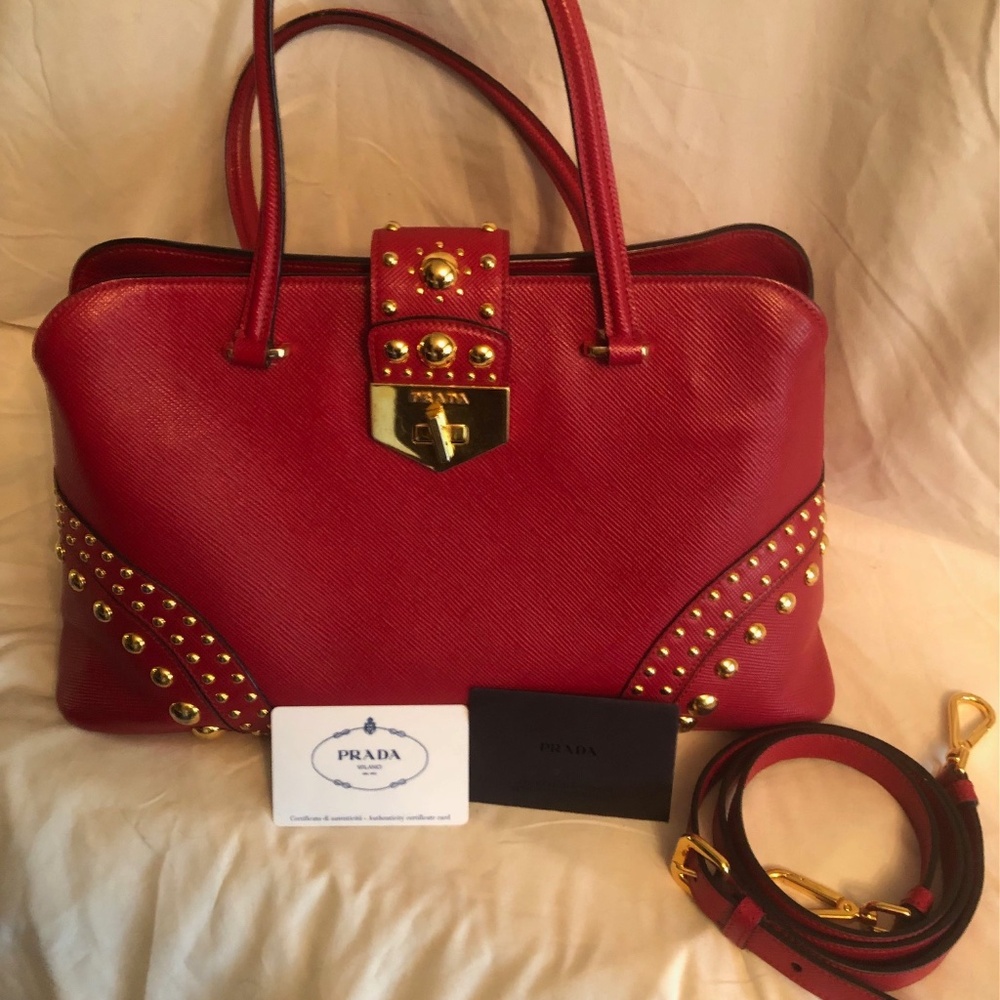 Prada Red Saffiano Cuir Leather Promenade Studded Bag - Limited Edition